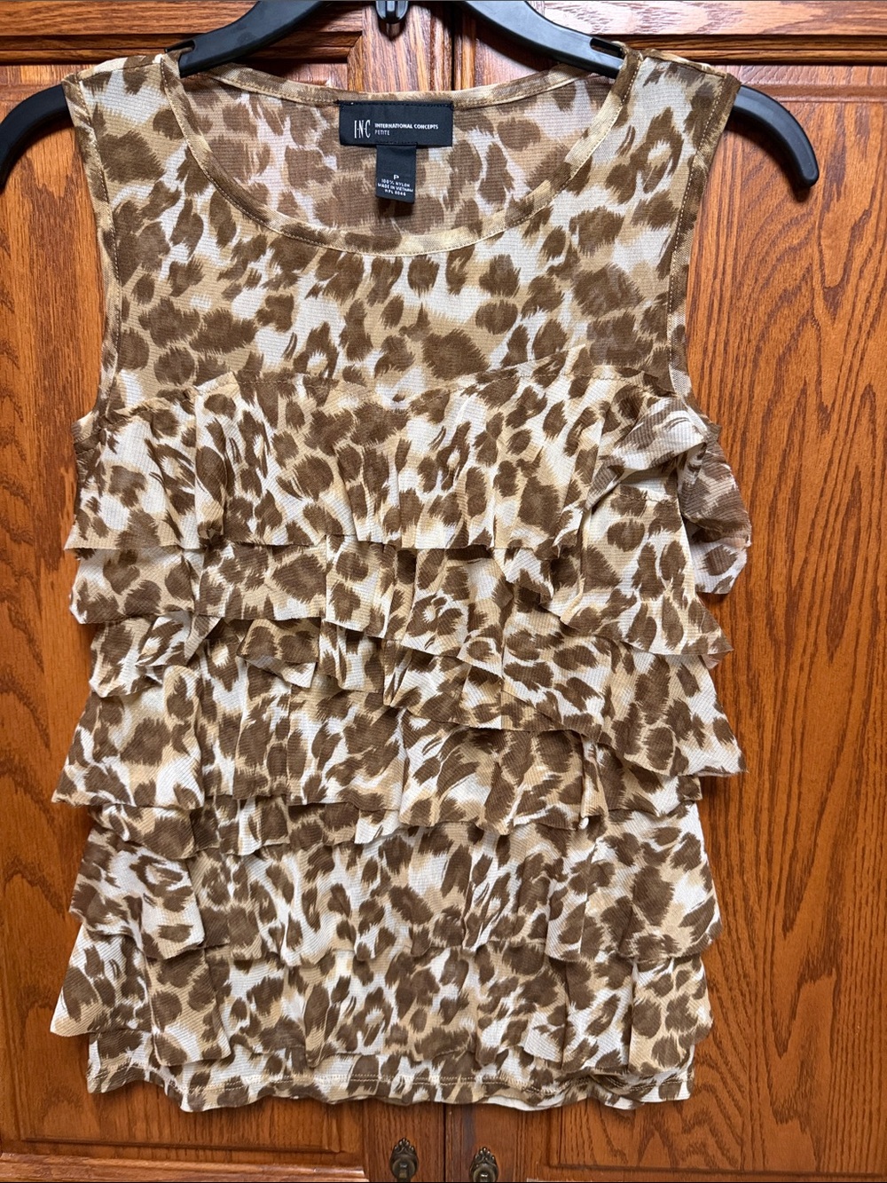 INC International Concepts Brown and Cream Leopard Ruffle Sleeveless Top